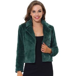 Cropped Jacket Notch Lapel Faux Fur Fluffy Coat Green